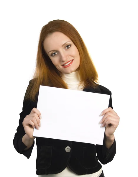Красивая улыбающаяся женщина держит знак — стоковое фото