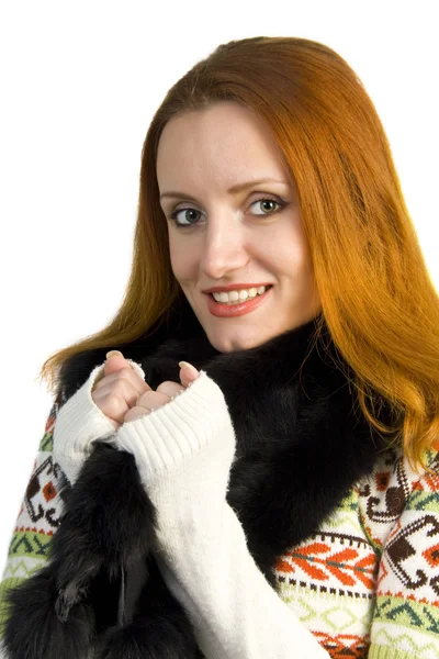Красива усміхнена жінка в светрі і f — стокове фото