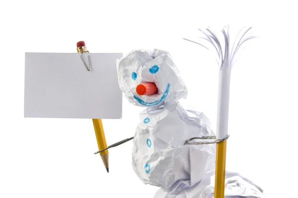 Boneco de neve de papel com sinal — Fotografia de Stock