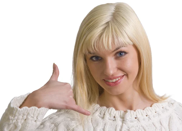 Woman showing a "Call me" sign — Stock Photo, Image