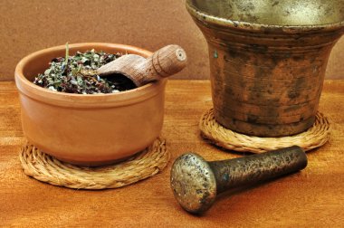 Mortar and pestle with herbs clipart