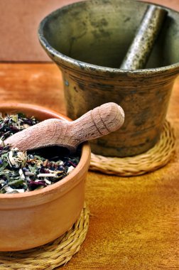 Mortar with bowl with herbs clipart