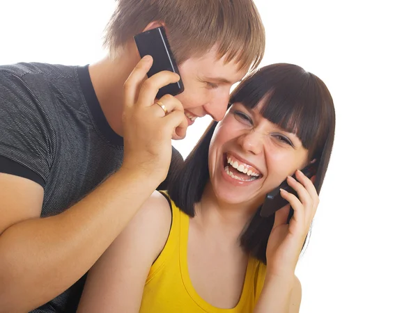 Para w telefonie razem — Zdjęcie stockowe