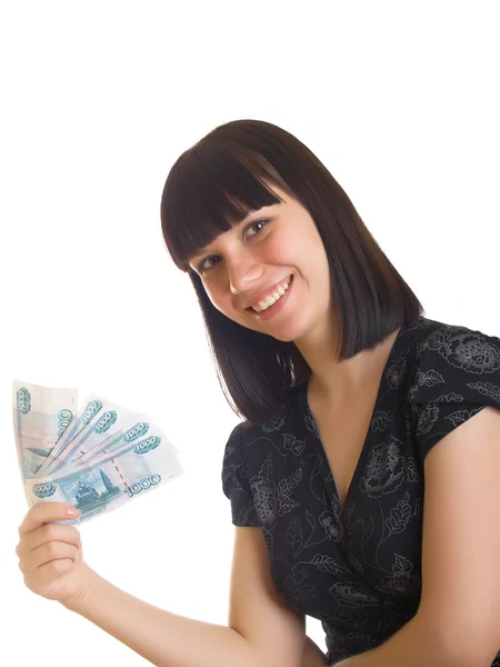 Mulher segurando dinheiro — Fotografia de Stock