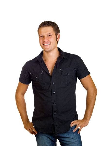 Портрет случайного человека, улыбающегося на белом фоне
