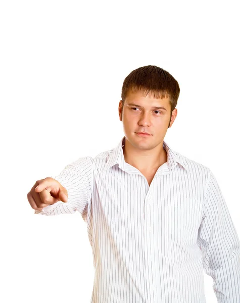 Jonge de man toont gebaar door een vinger van een hand — Stockfoto
