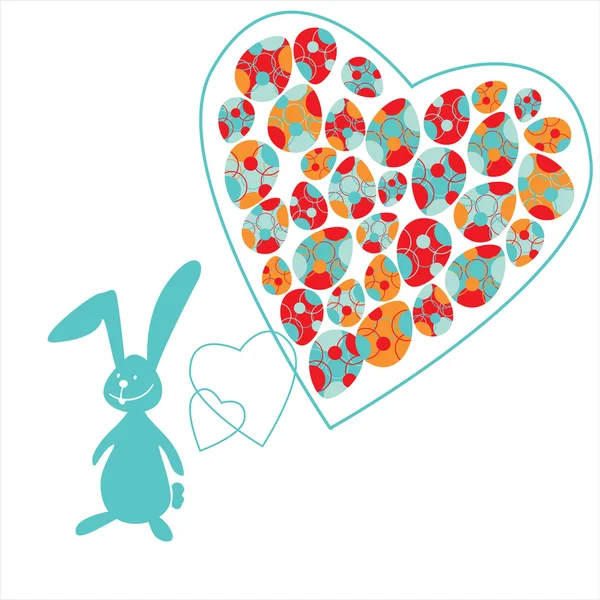 El pequeño conejito y coloridos huevos de Pascua — Vector de stock