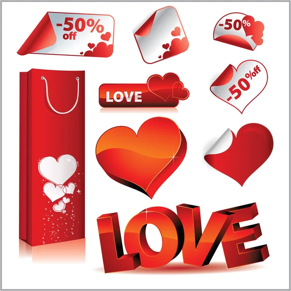 Set de iconos con corazones, amor, pegatinas y — Vector de stock