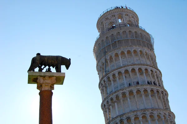 Standbeeld van de wolvin en pisa tower — Stockfoto