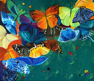 Colour butterflies on a gree background clipart