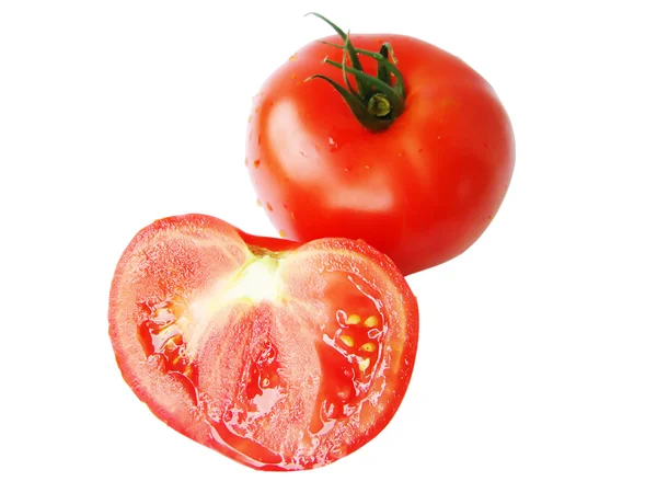 Rote Tomate mit grünem und halber Tomate — Stockfoto