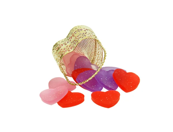 Gold Metal basket of hearts — Stock Photo, Image