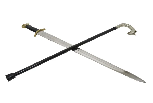 Sword crossed with silver handled cane — Stock Photo, Image
