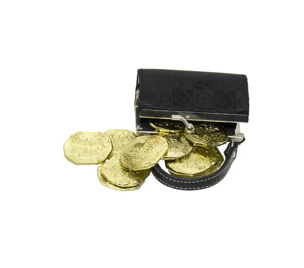 Złote monety leje z torebki — Zdjęcie stockowe