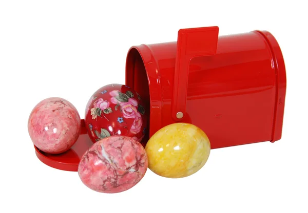 Red Mailbox and colored eggs — Stock Photo, Image