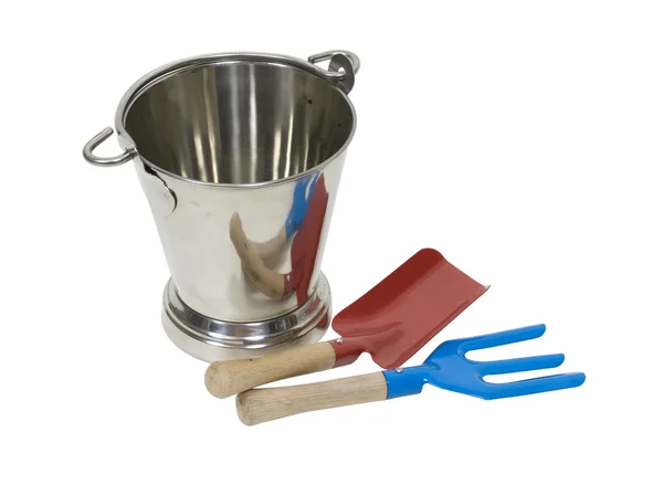 Garden tools and pail — Stock Photo, Image
