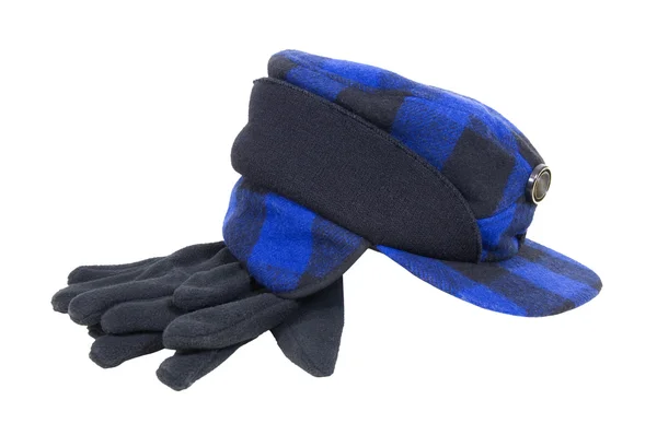 Blue plaid hunters Hat and gloves — Stock Photo, Image