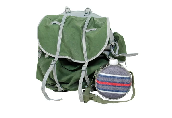 Rustic Backpack and canteen — Stok fotoğraf