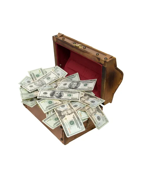 Dřevěná truhla s pokladem plné peněz — Stock fotografie