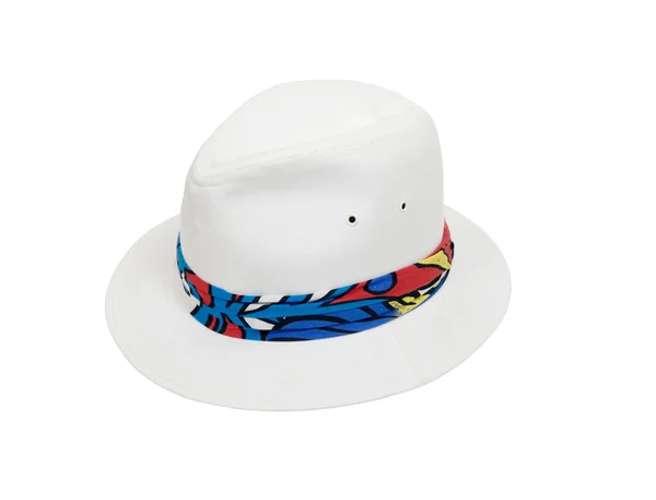 Renkli bant ile beyaz fedora şapka — Stok fotoğraf
