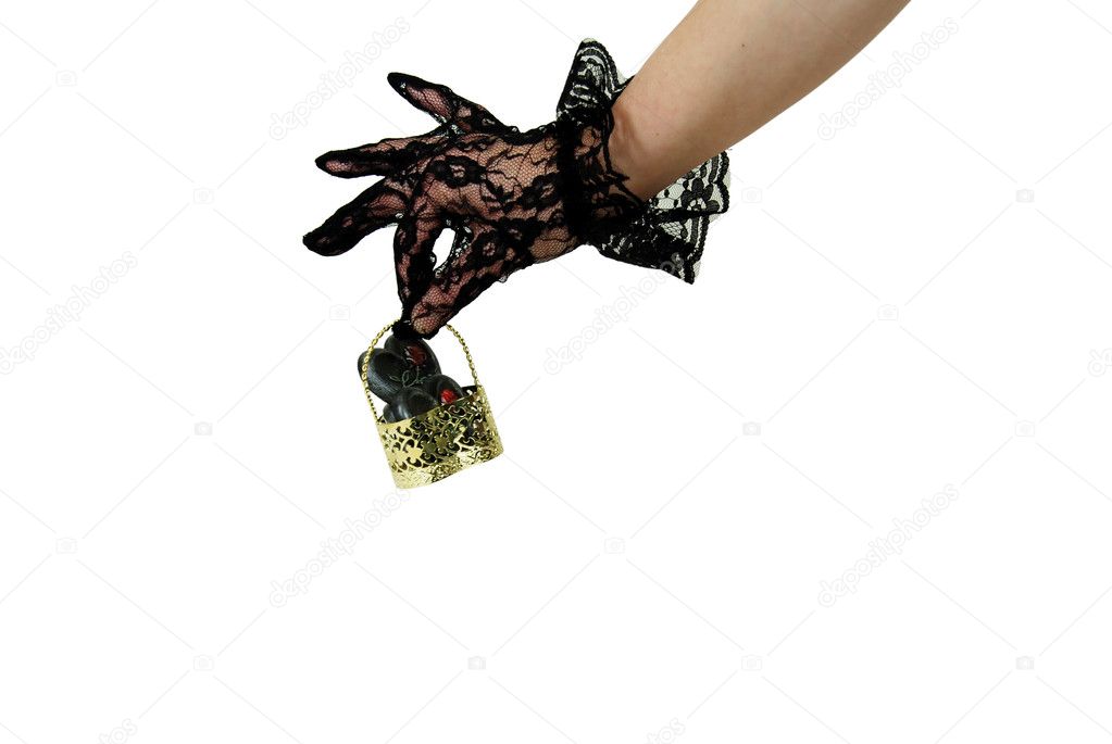 Wearing lace gloves holding heart basket
