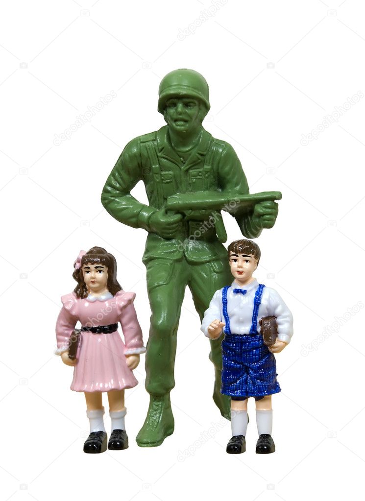 Soldier protecting students