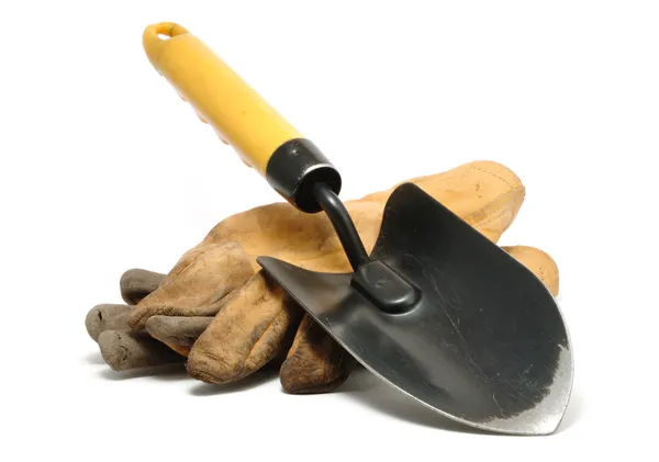 Old Dirty Leather Work Gloves and Trowel — Stock Photo, Image