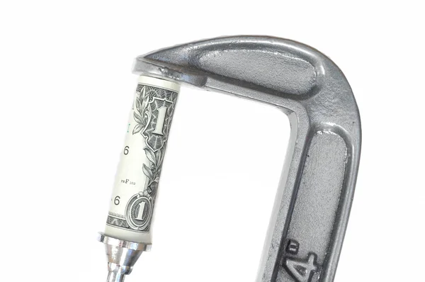One Dollar Bill in a C Clamp — Stock Photo, Image