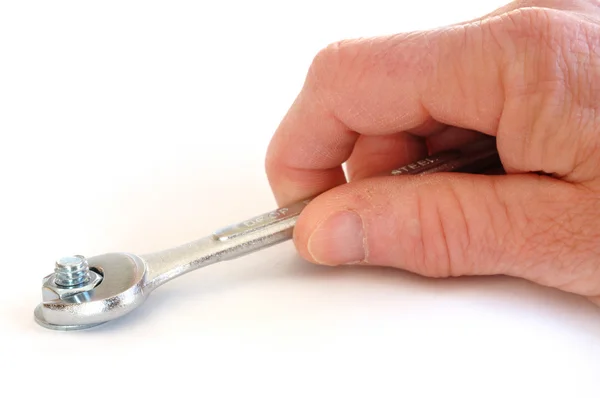 Tightening a Nut with Open-End Wrench — Stock Photo, Image