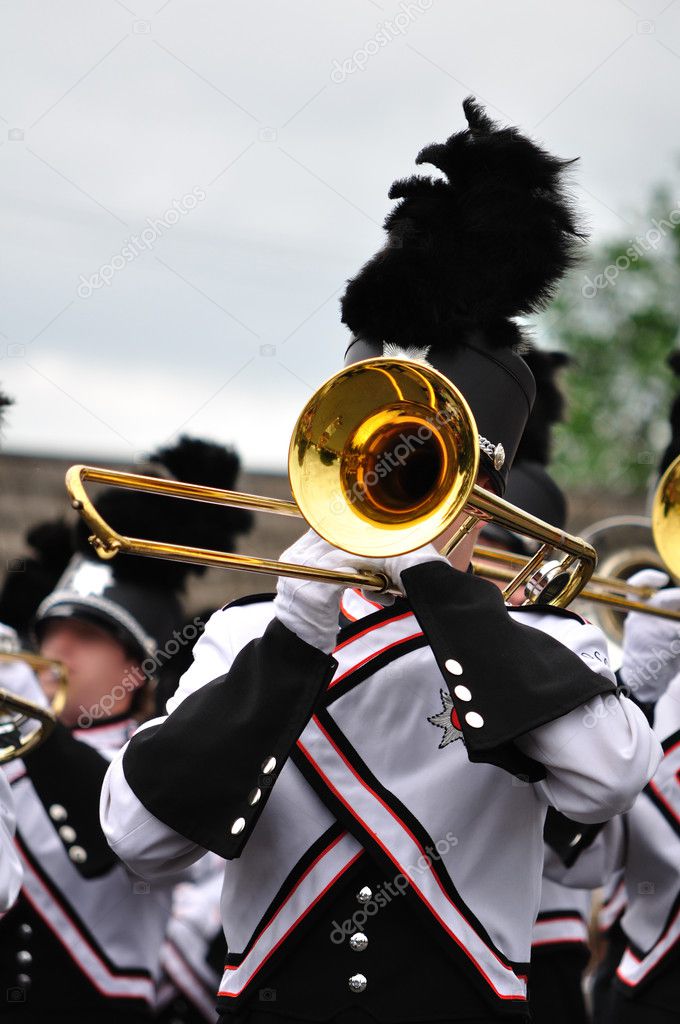 Marching Band Performer Playing Trombone