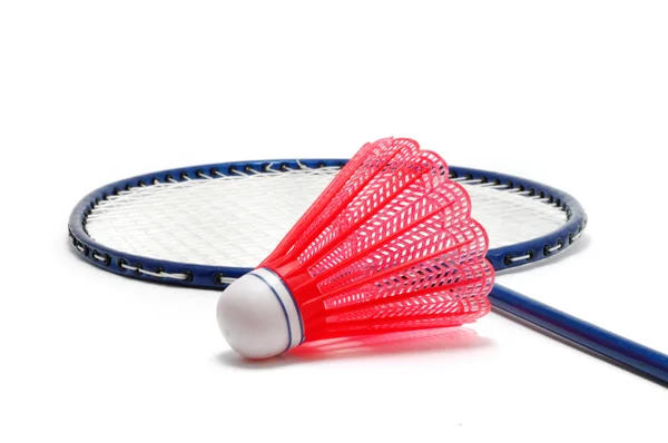 Badminton červená kuželka & raketa — Stock fotografie