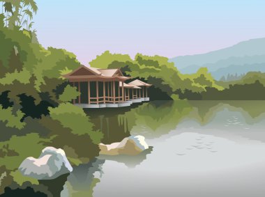 Картина, постер, плакат, фотообои "пагода на берегу озера, вектор
", артикул 2135485