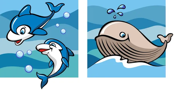 Deniz yaşamı: yunus ve balina — Stok Vektör