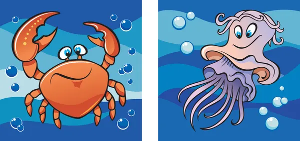 Vida marinha: caranguejo e água-viva — Vetor de Stock