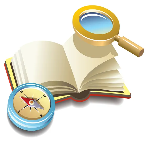 Book with compass and magnifier — Stock Vector