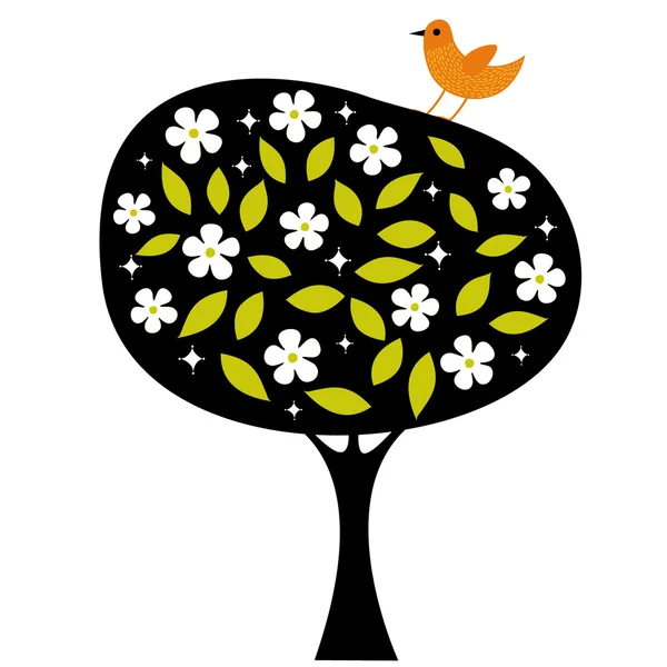 Oiseau et arbre papier peint design — Image vectorielle