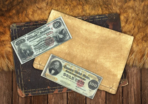 Vintage papírok és a pénz Stock Kép