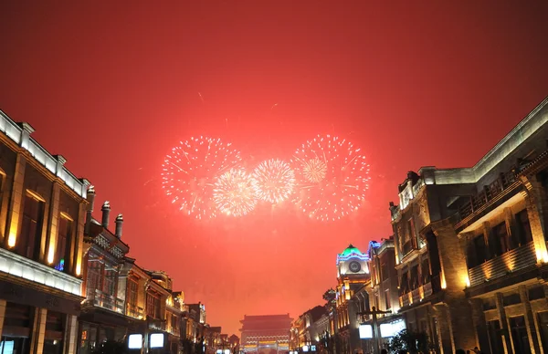 stock image Fireworks and ancient buildin in beijing