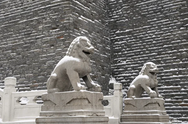 Статуя льва и старая стена после снега — стоковое фото