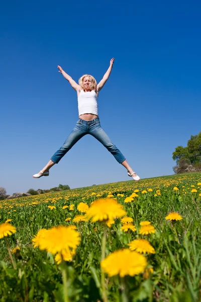 快乐的年轻女人在草甸上 — 图库照片