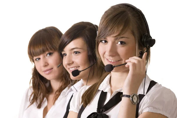 Felices empleados de call center con auriculares —  Fotos de Stock