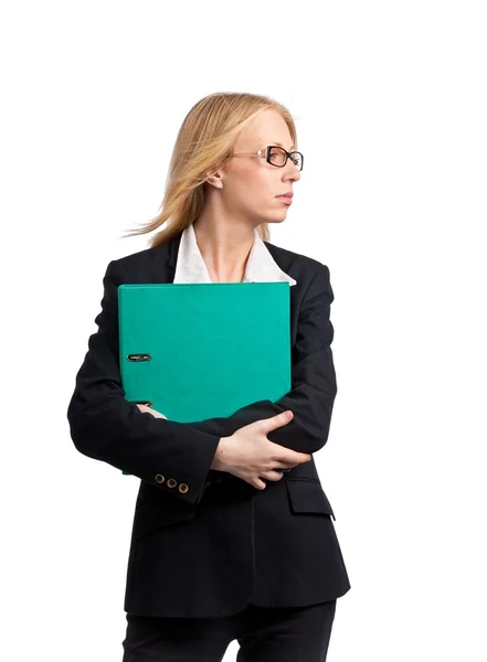 Businesswoman, holding green folder — Stock Photo, Image