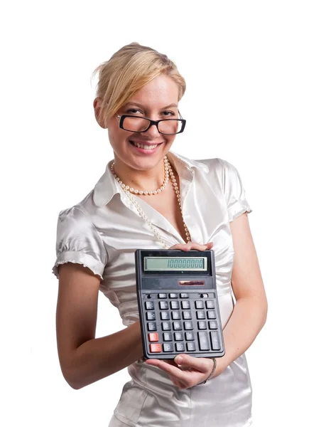 Mladá žena, držící kalkulačka — Stock fotografie