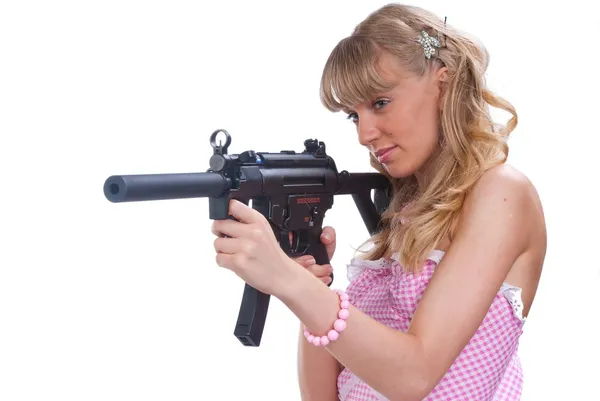 Young sexy womanwith an assault gun — Stock Photo, Image