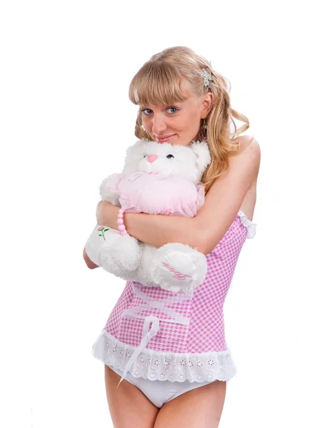 Young beautiful woman with teddy bear — Stock Photo, Image