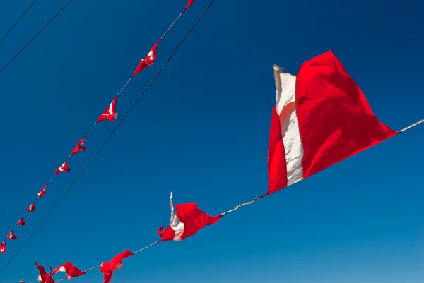 Stock image Red-white triangular ship flags flap