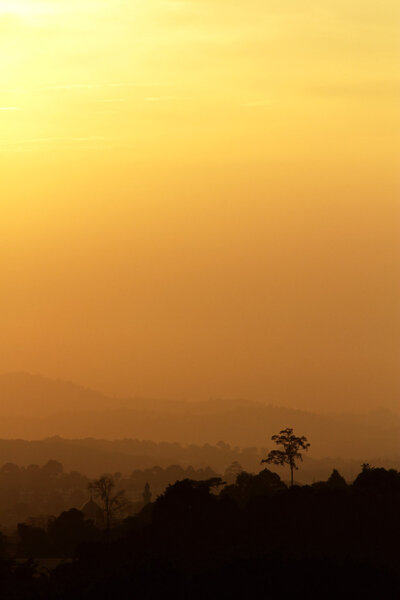 A golden sunset on rolling hills with a silhouette of a mosque