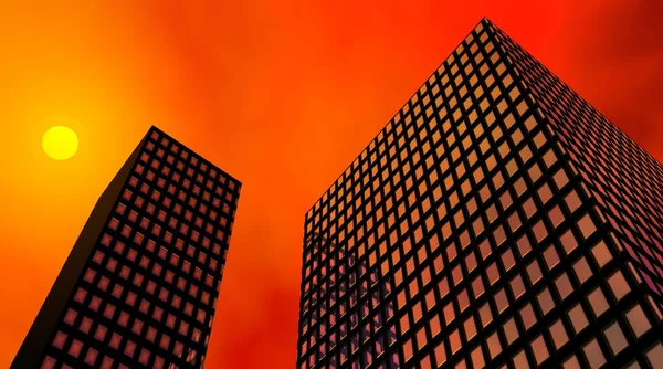 Solnedgång och byggnader — Stockfoto