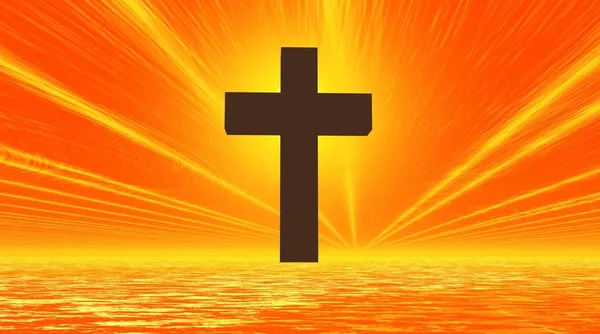 Black cross in orange background sky and — Stock Photo, Image