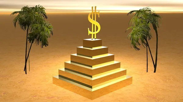 Yellow dollar on a pyramid in desert — Stock Photo, Image